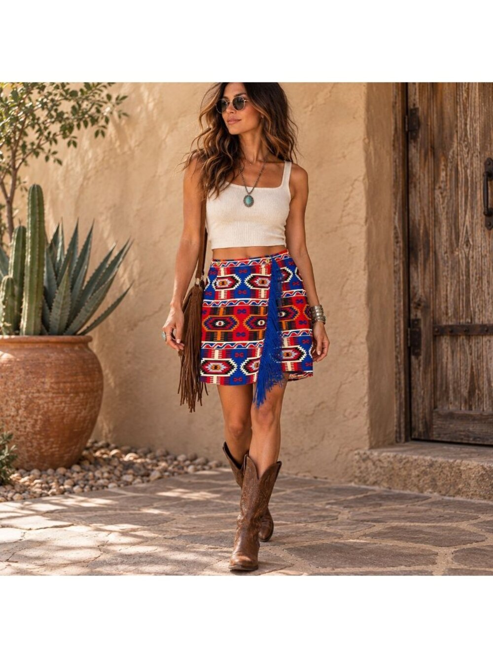 100% Silk Southwestern Geometric Fringe Wrap Skirt Sz M Western Boho